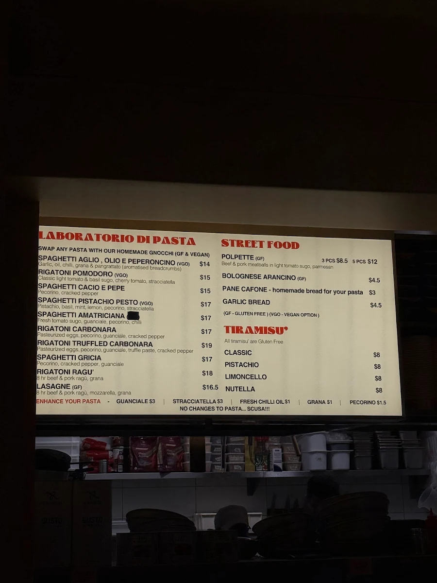 Menu, Remo’s Pasta and Tiramisù