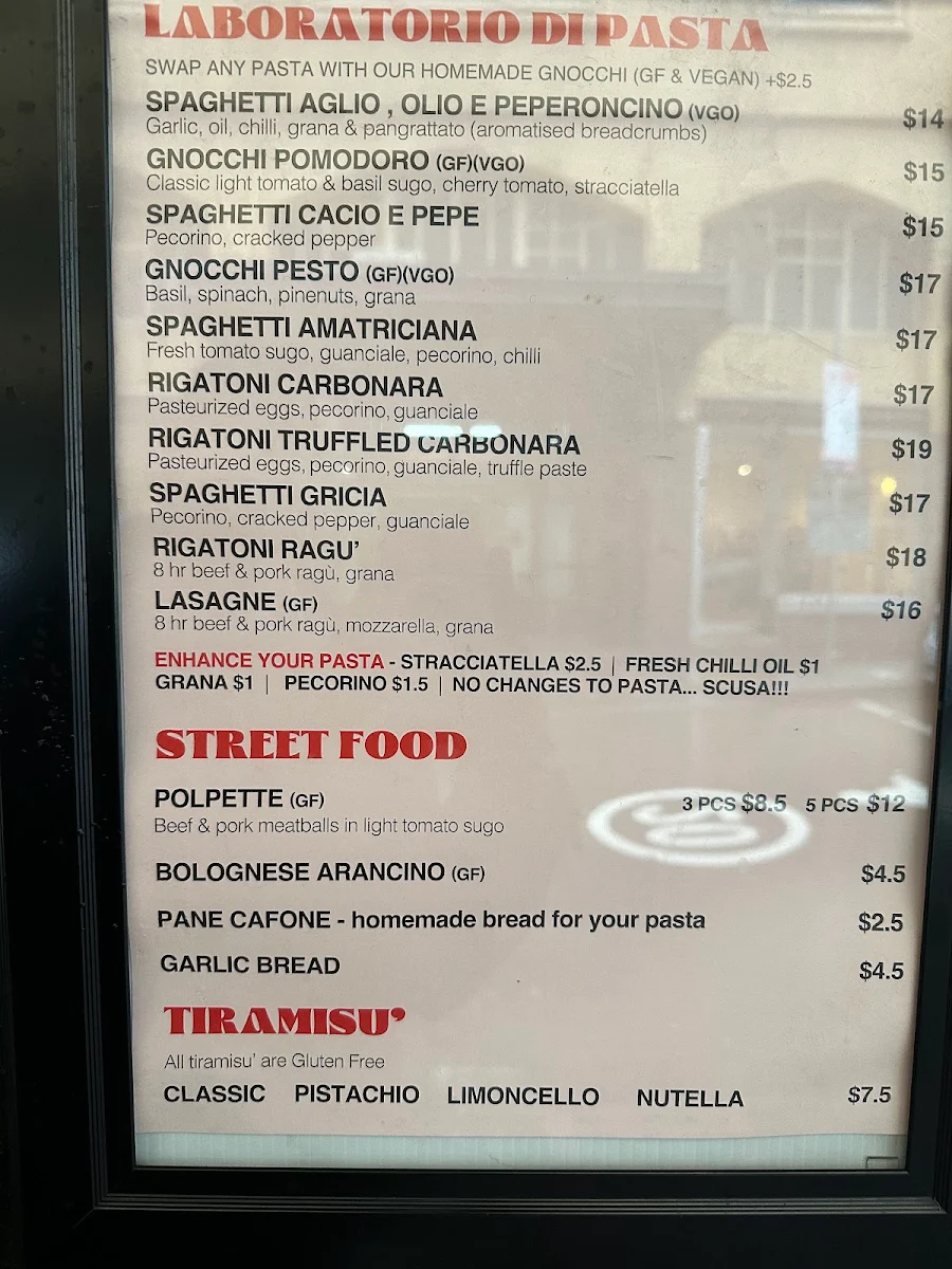 Menu, Remo’s Pasta and Tiramisù