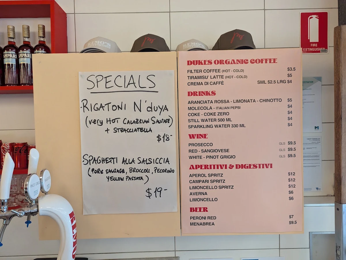 Menu, Remo’s Pasta and Tiramisù