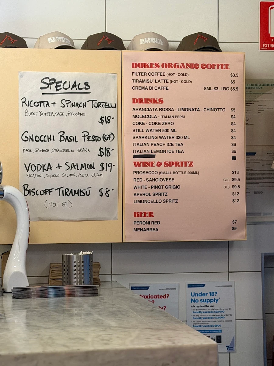 Menu, Remo’s Pasta and Tiramisù