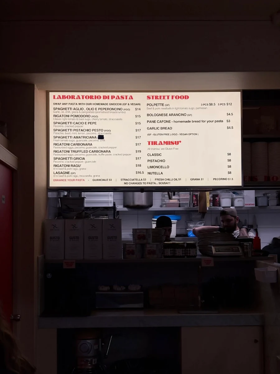 Menu, Remo’s Pasta and Tiramisù