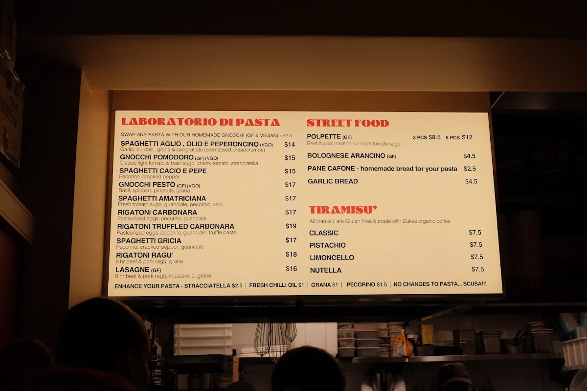 Menu, Remo’s Pasta and Tiramisù