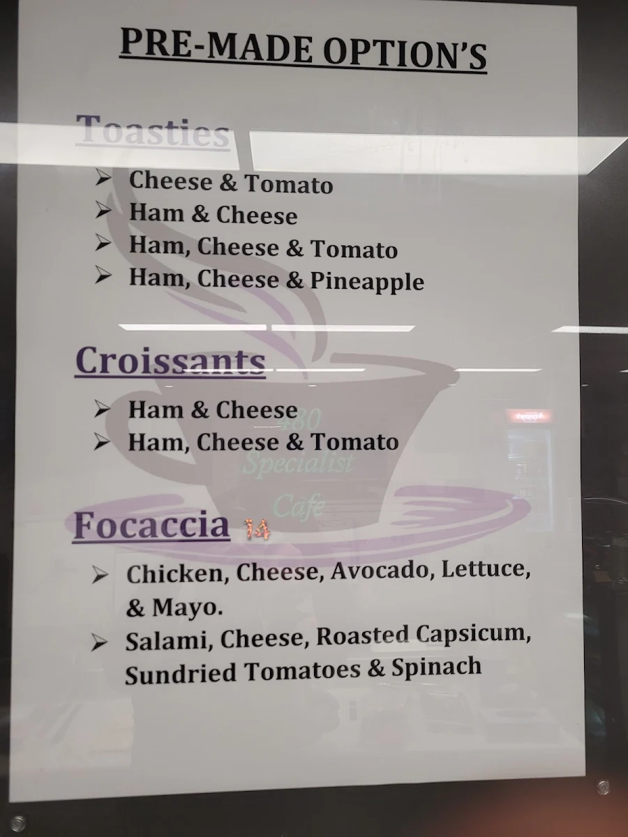 Menu, 480 Specialist Cafe
