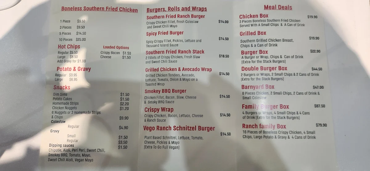 Menu, The Ranch Southern Fried Chicken