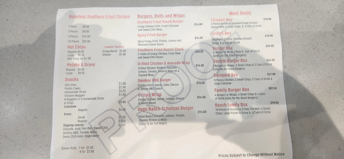 Menu, The Ranch Southern Fried Chicken