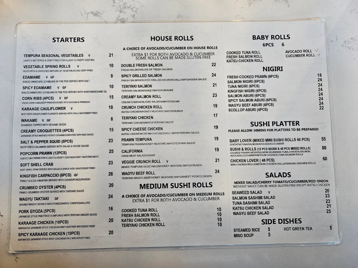 Menu, Waterview Japanese Restaurant