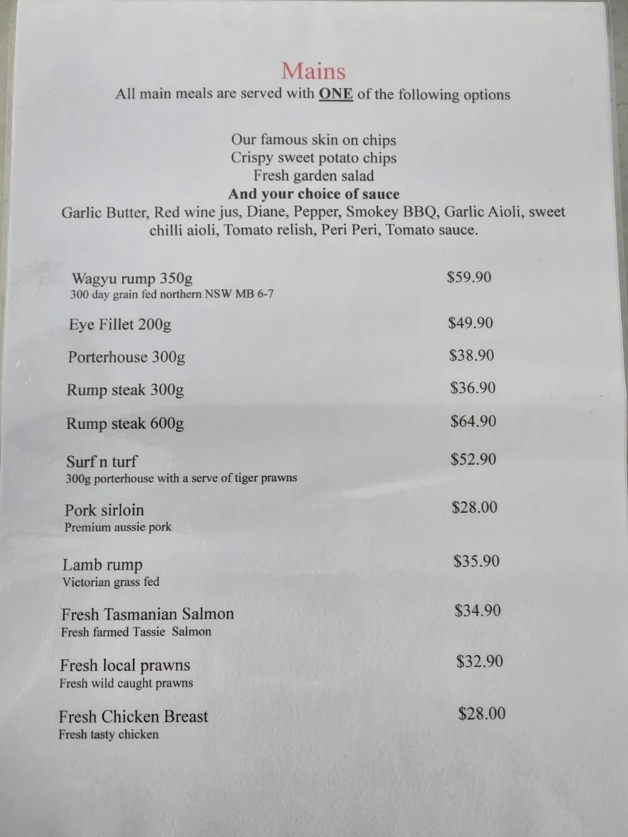 Menu, Red Hot Steakhouse and Bar