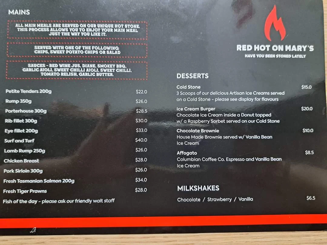 Menu, Red Hot Steakhouse and Bar