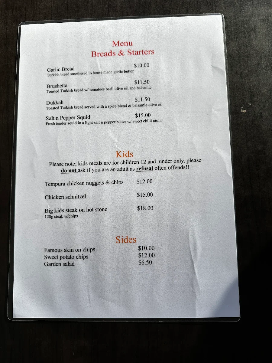 Menu, Red Hot Steakhouse and Bar