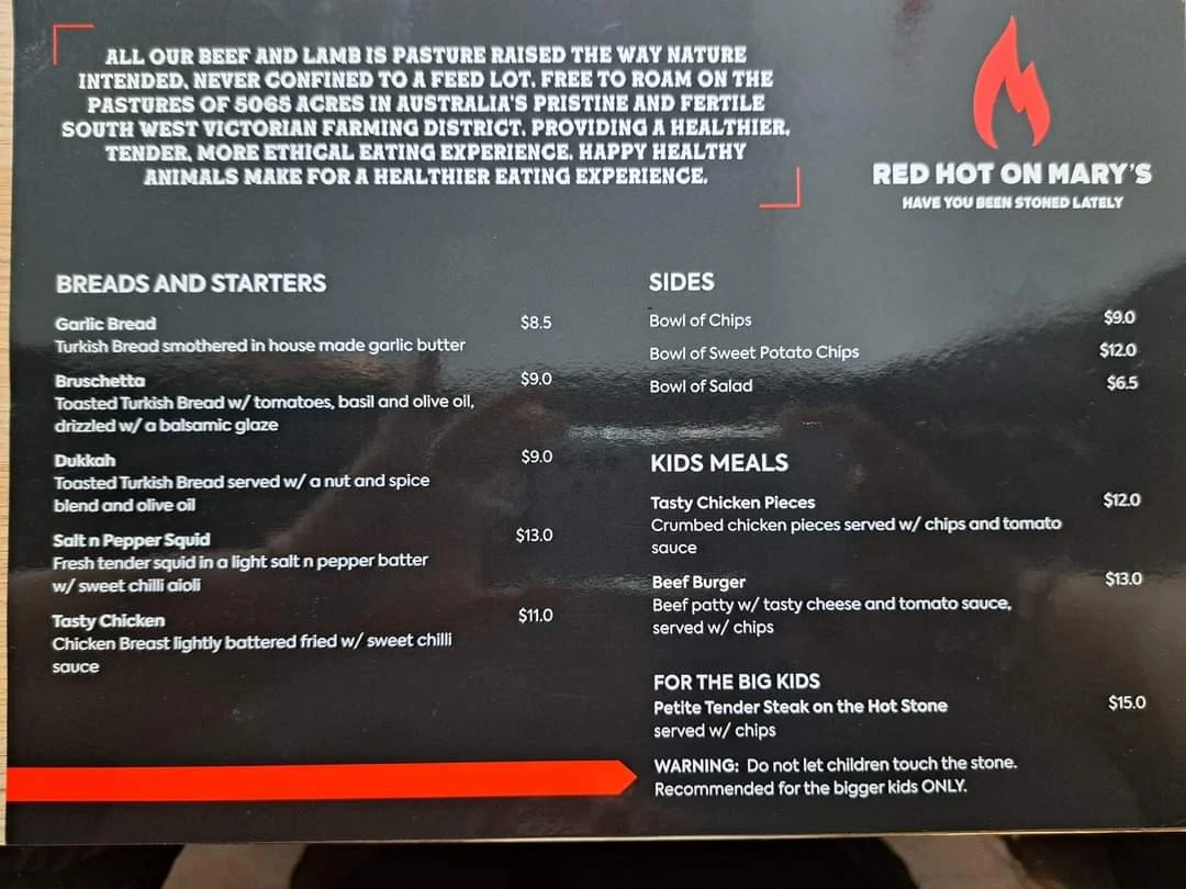 Menu, Red Hot Steakhouse and Bar