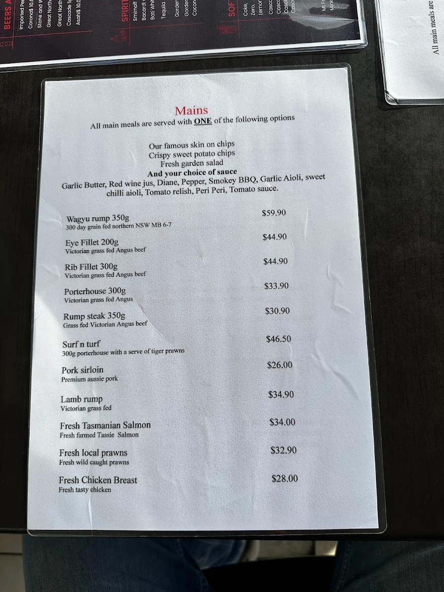 Menu, Red Hot Steakhouse and Bar