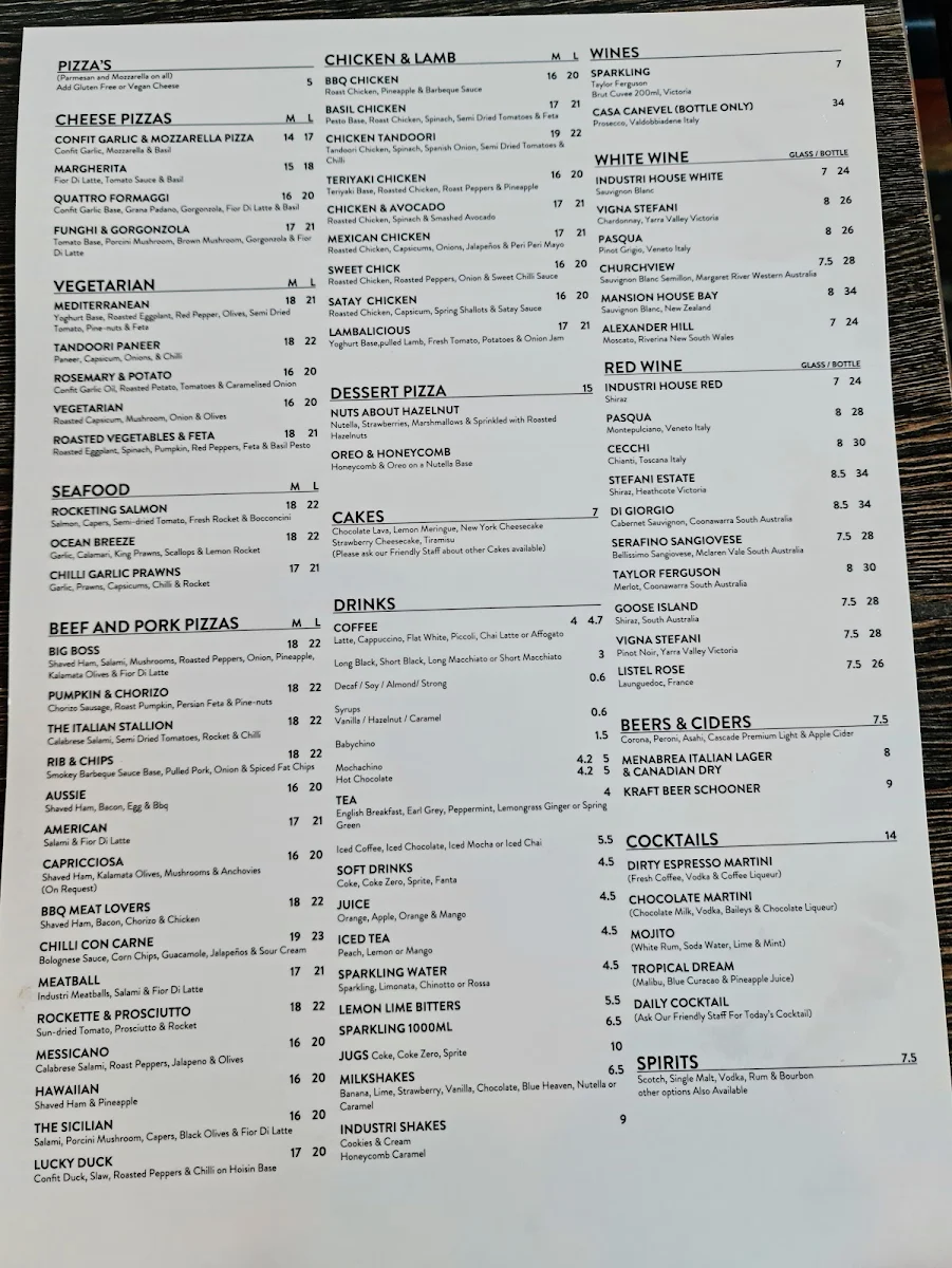 Menu, Pizza Industri