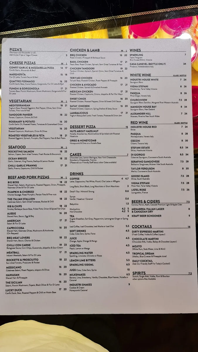 Menu, Pizza Industri