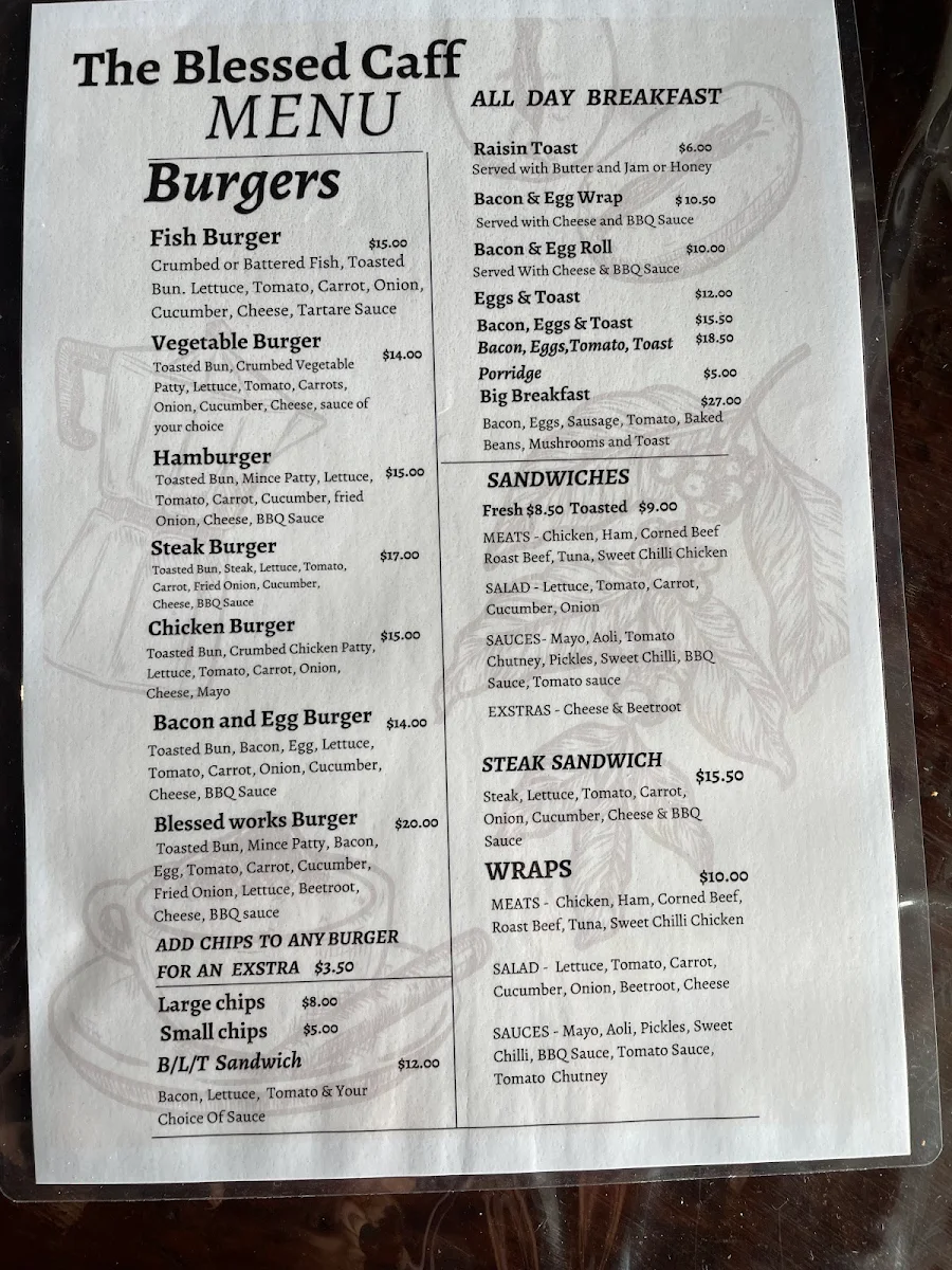 Menu, The Blessed Caff
