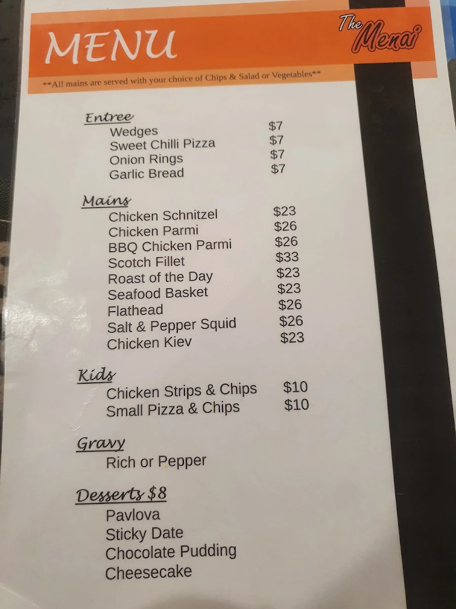 Menu, Menai Hotel Motel