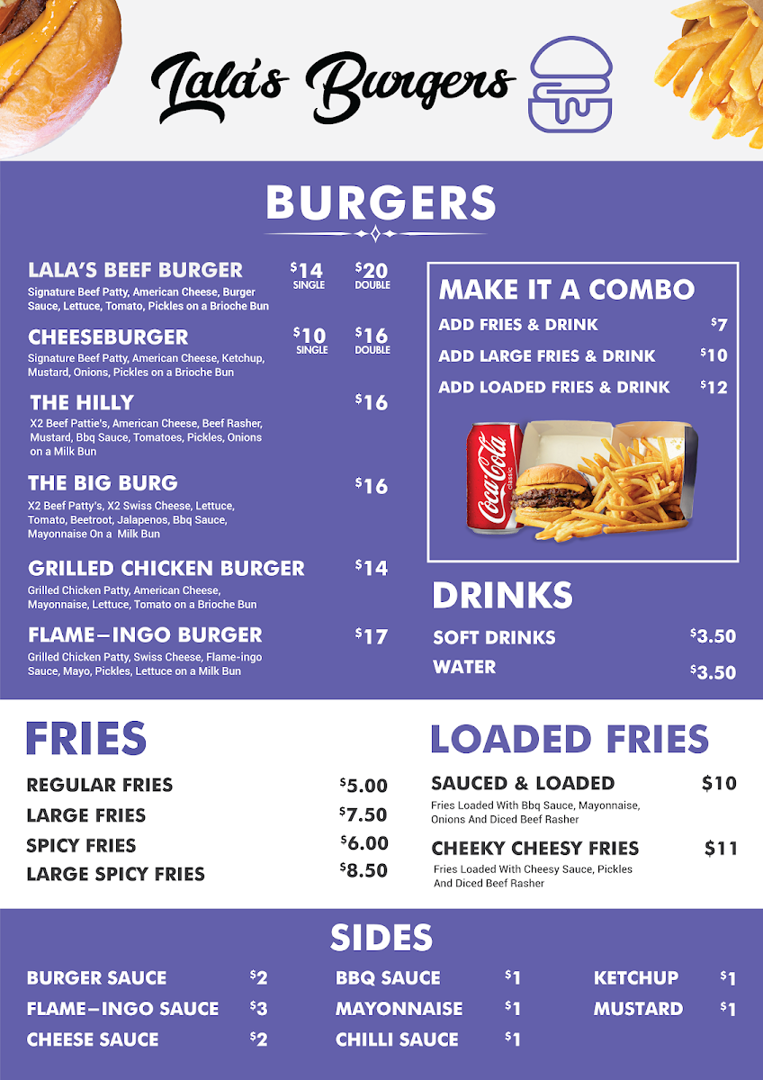 Menu, Lala's Burgers Punchbowl