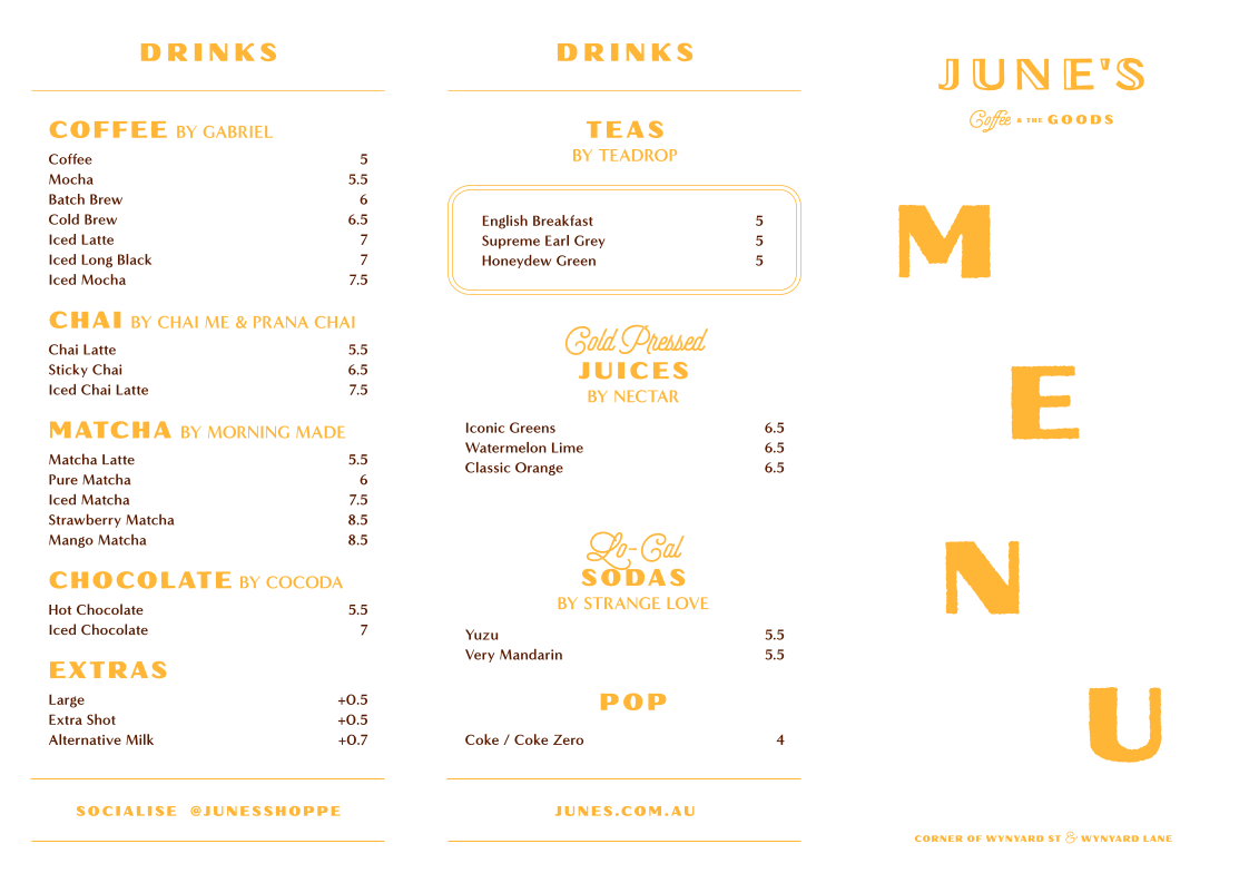 Menu, June's Cafe Wynyard