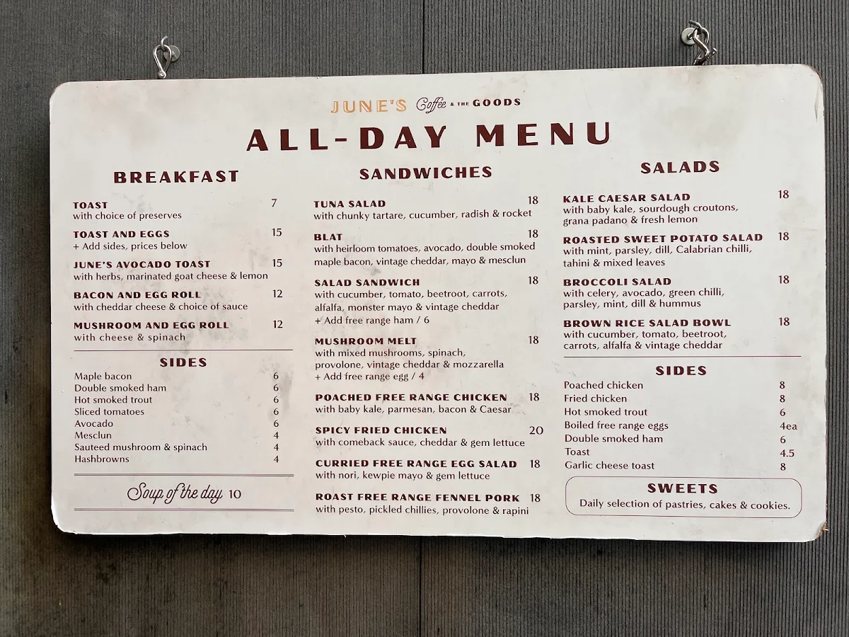 Menu, June's Cafe Wynyard