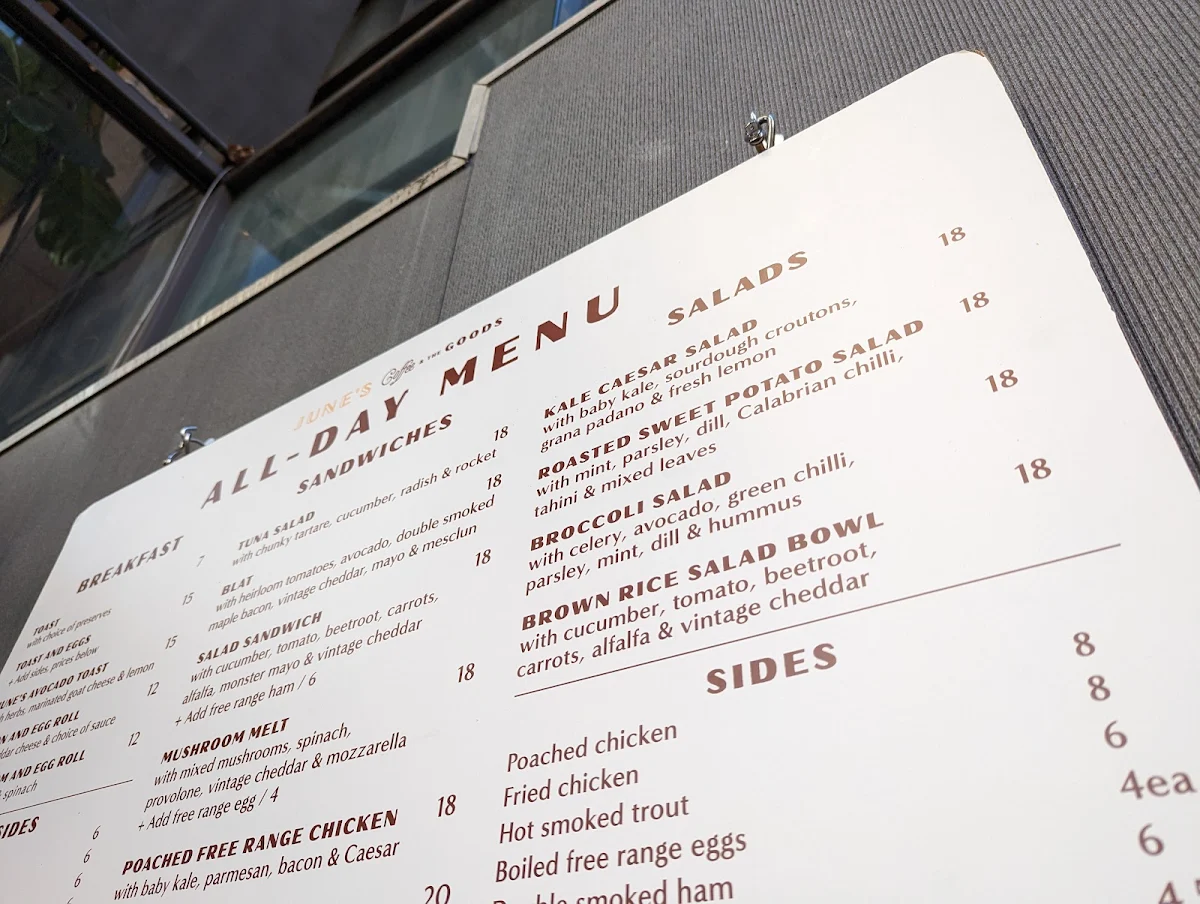 Menu, June's Cafe Wynyard