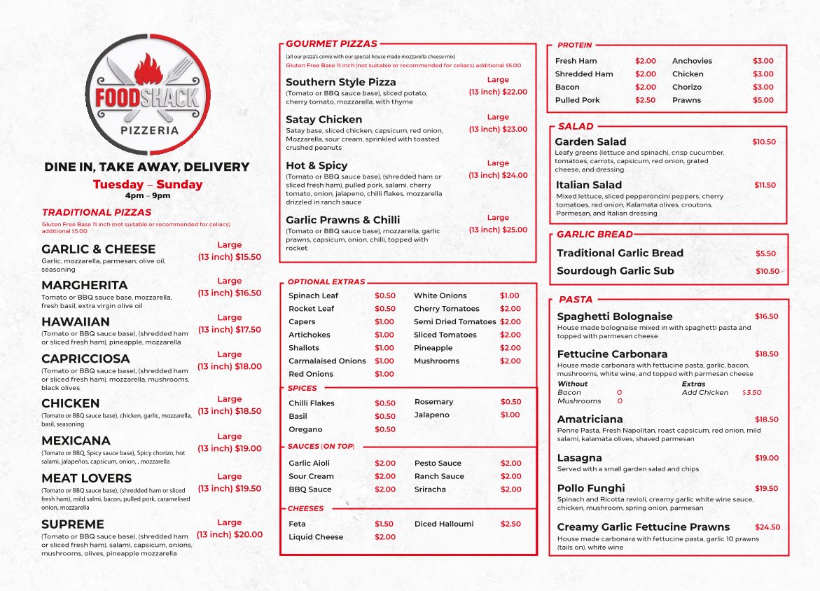 Menu, Food Shack Cafe & Foodshack Pizzeria