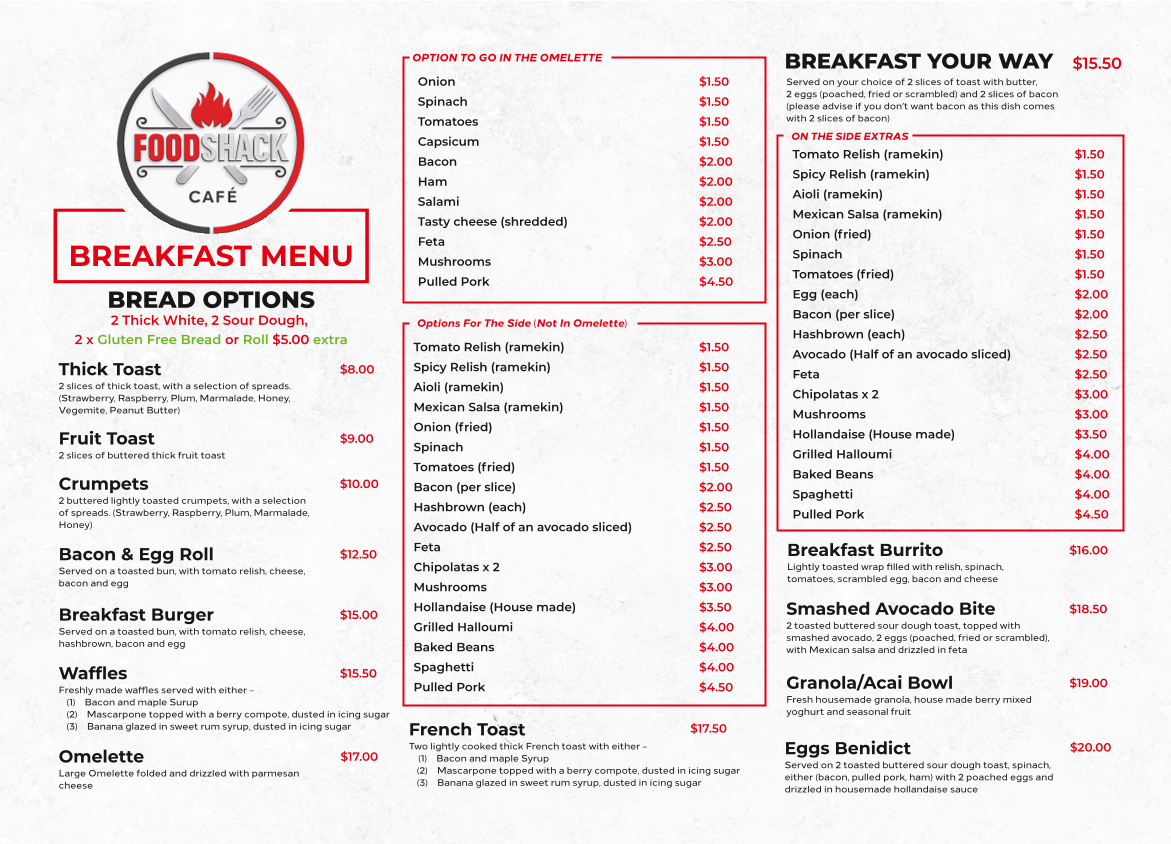 Menu, Food Shack Cafe & Foodshack Pizzeria