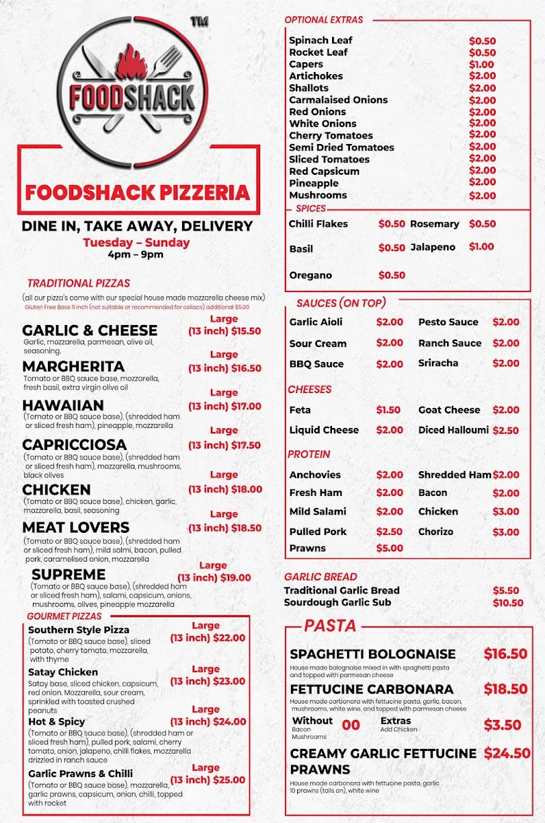 Menu, Food Shack Cafe & Foodshack Pizzeria
