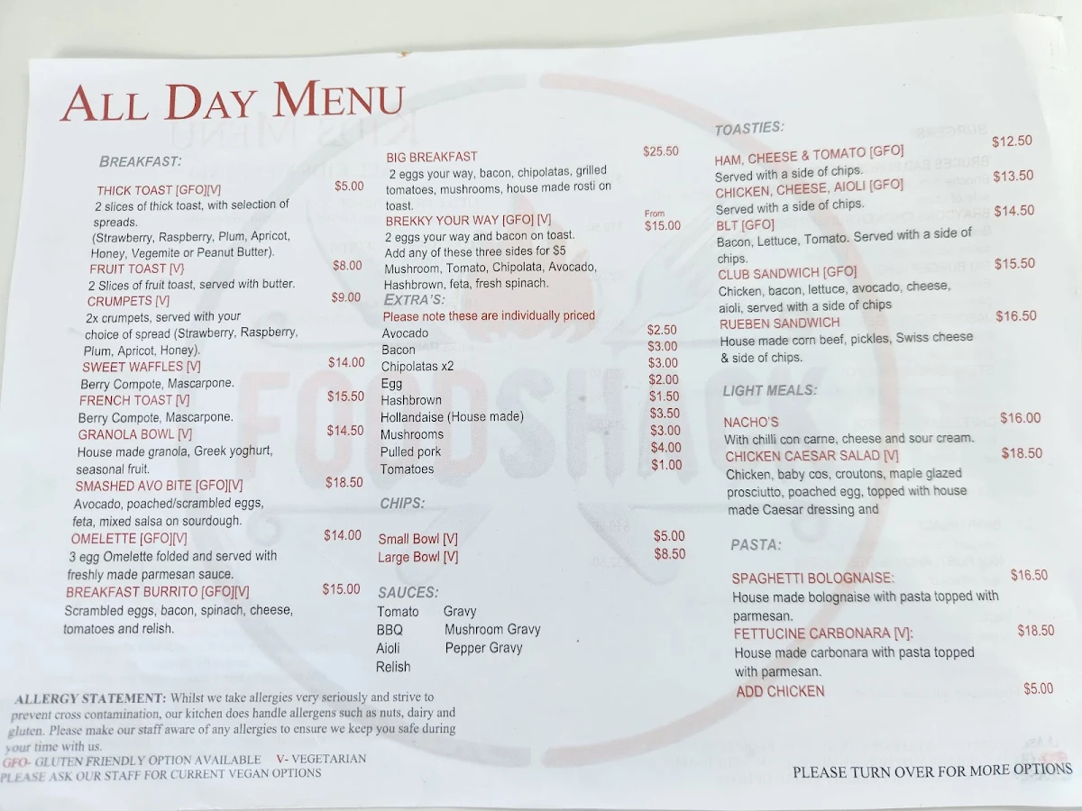 Menu, Food Shack Cafe & Foodshack Pizzeria
