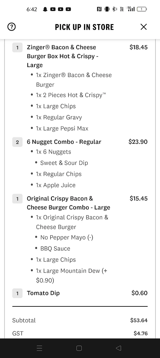 Menu, KFC Palais