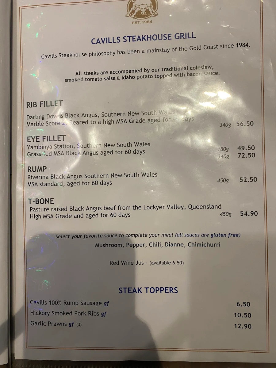 Menu, Cavills Steakhouse & Rooftop Bar