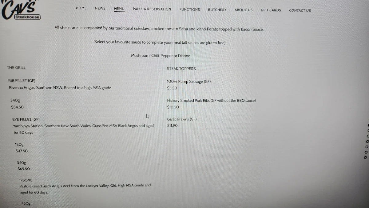 Menu, Cavills Steakhouse & Rooftop Bar