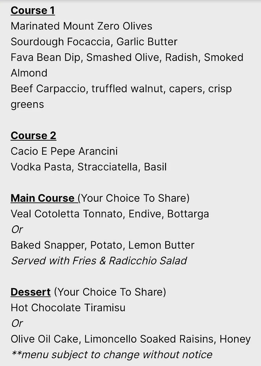 Menu, Gambino Restaurant & Rooftop