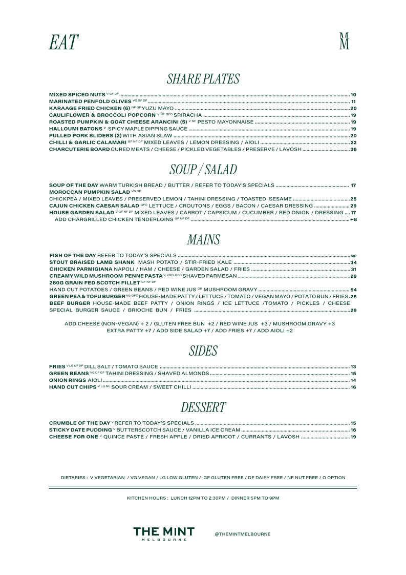 Menu, The Mint