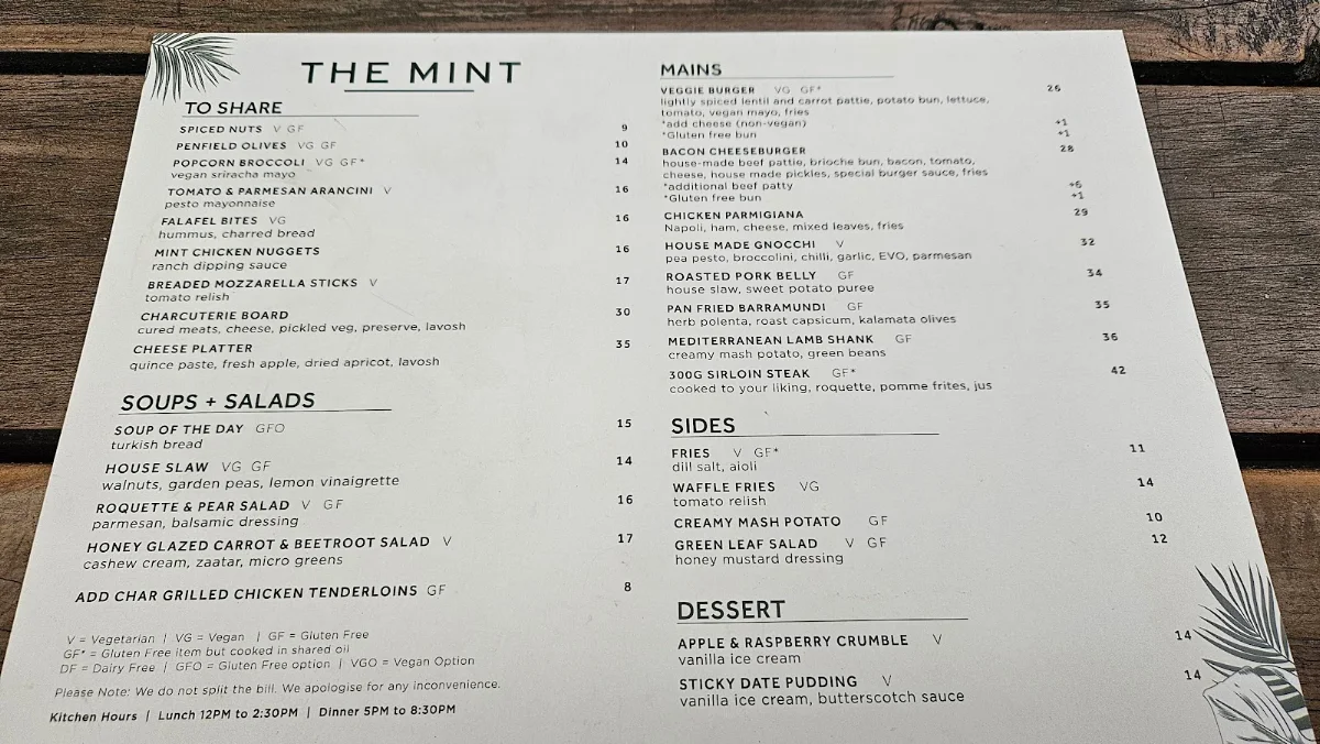 Menu, The Mint