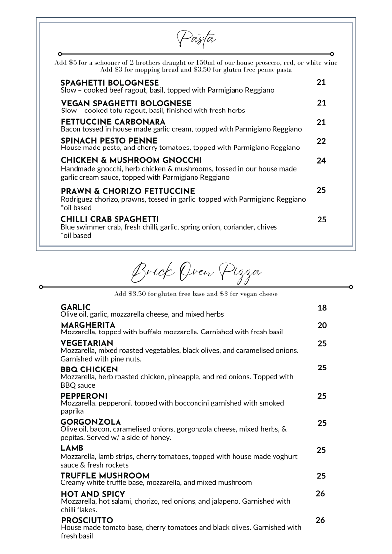 Menu, Melbourne Cellar Door