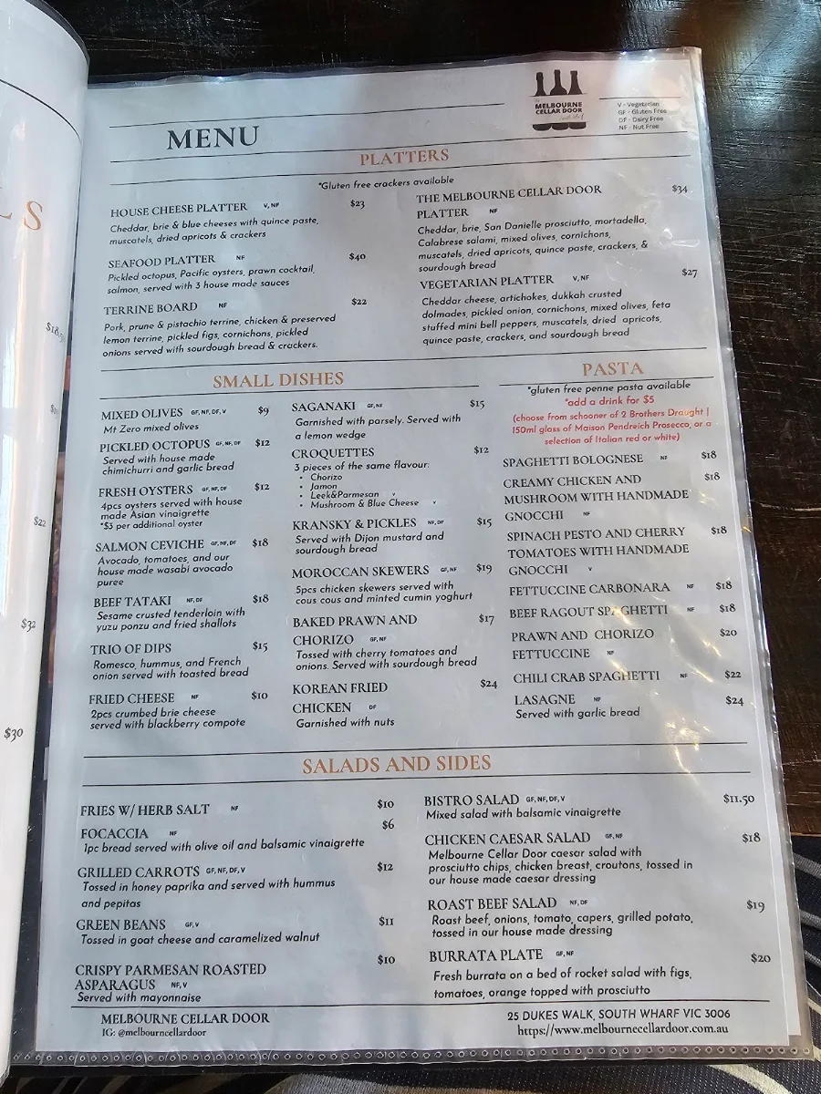Menu, Melbourne Cellar Door