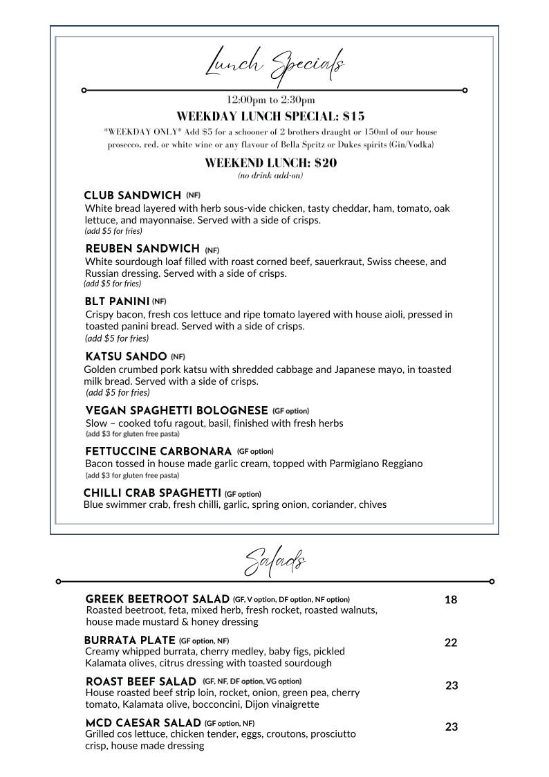 Menu, Melbourne Cellar Door