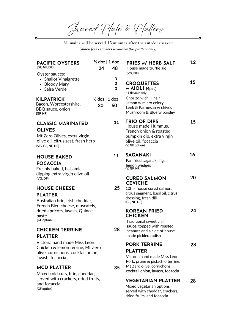 Menu, Melbourne Cellar Door