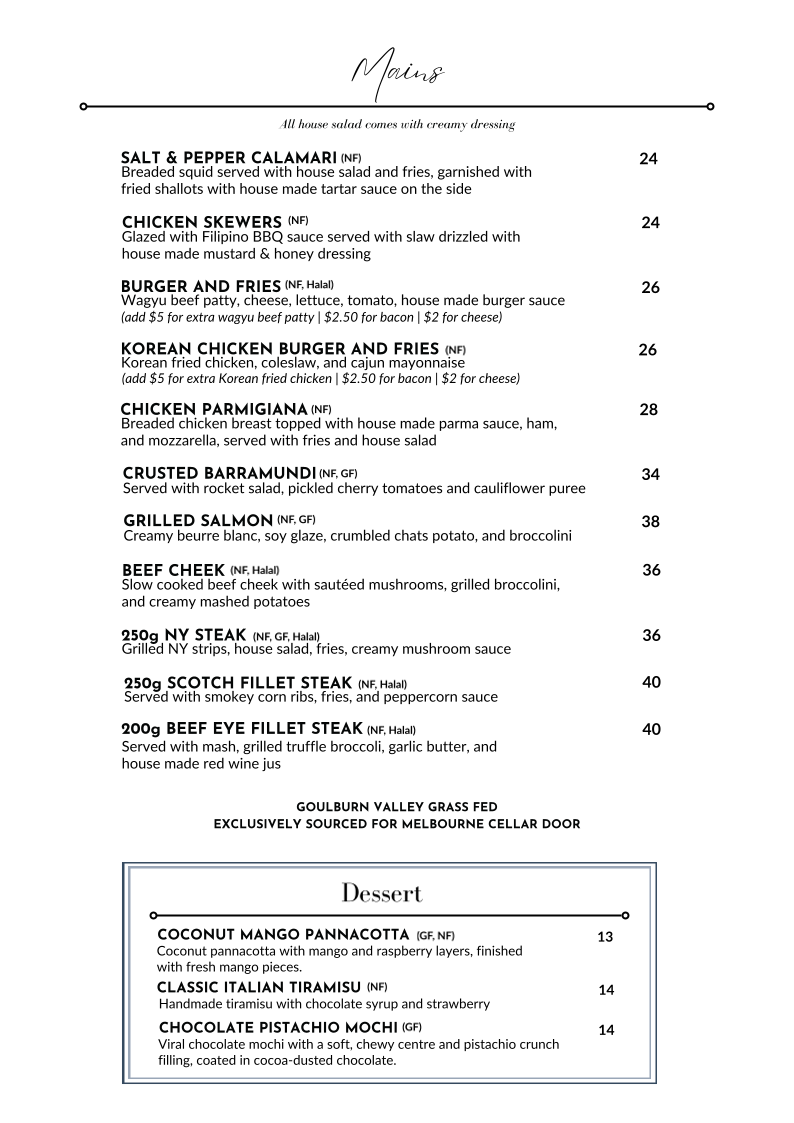 Menu, Melbourne Cellar Door