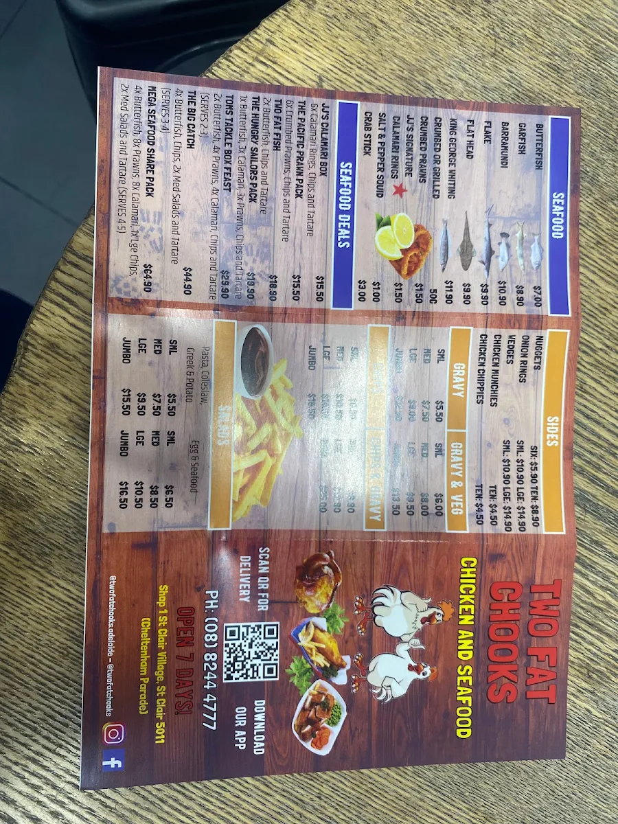Menu, Two Fat Chooks Chicken and Seafood