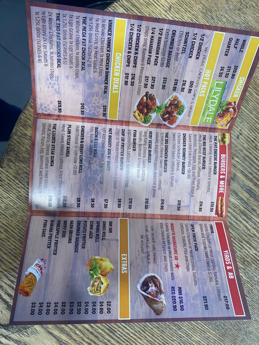 Menu, Two Fat Chooks Chicken and Seafood
