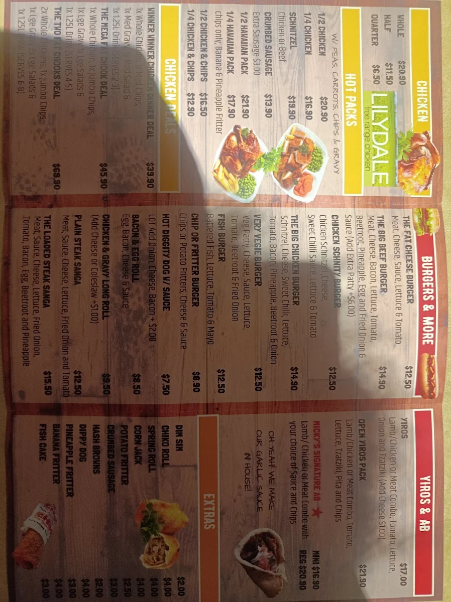 Menu, Two Fat Chooks Chicken and Seafood