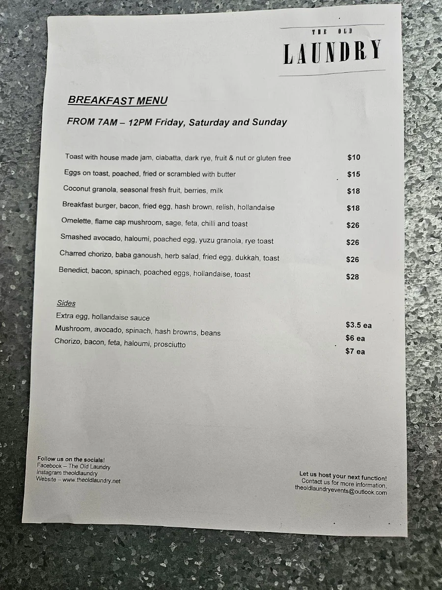 Menu, The Old Laundry Bar & Kitchen