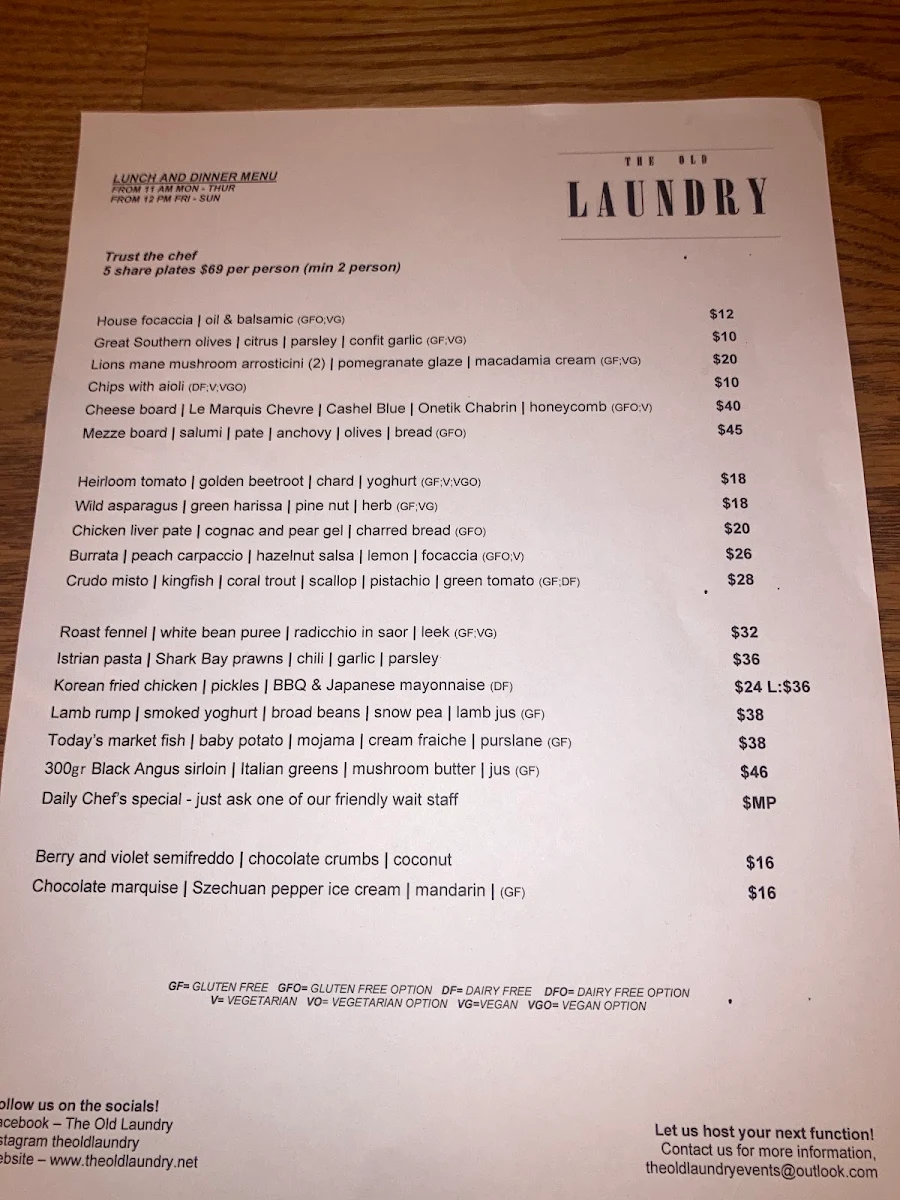 Menu, The Old Laundry Bar & Kitchen