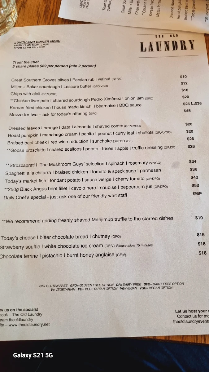 Menu, The Old Laundry Bar & Kitchen