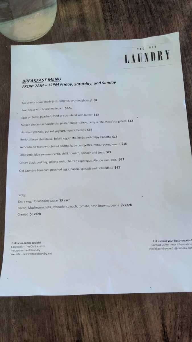 Menu, The Old Laundry Bar & Kitchen