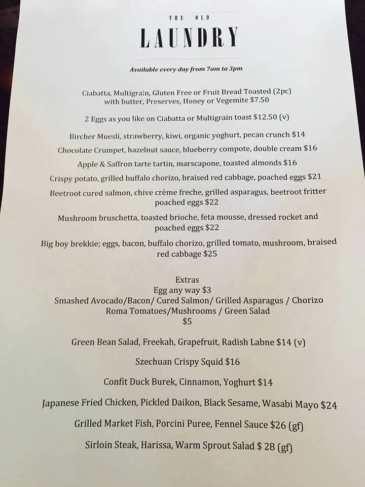 Menu, The Old Laundry Bar & Kitchen