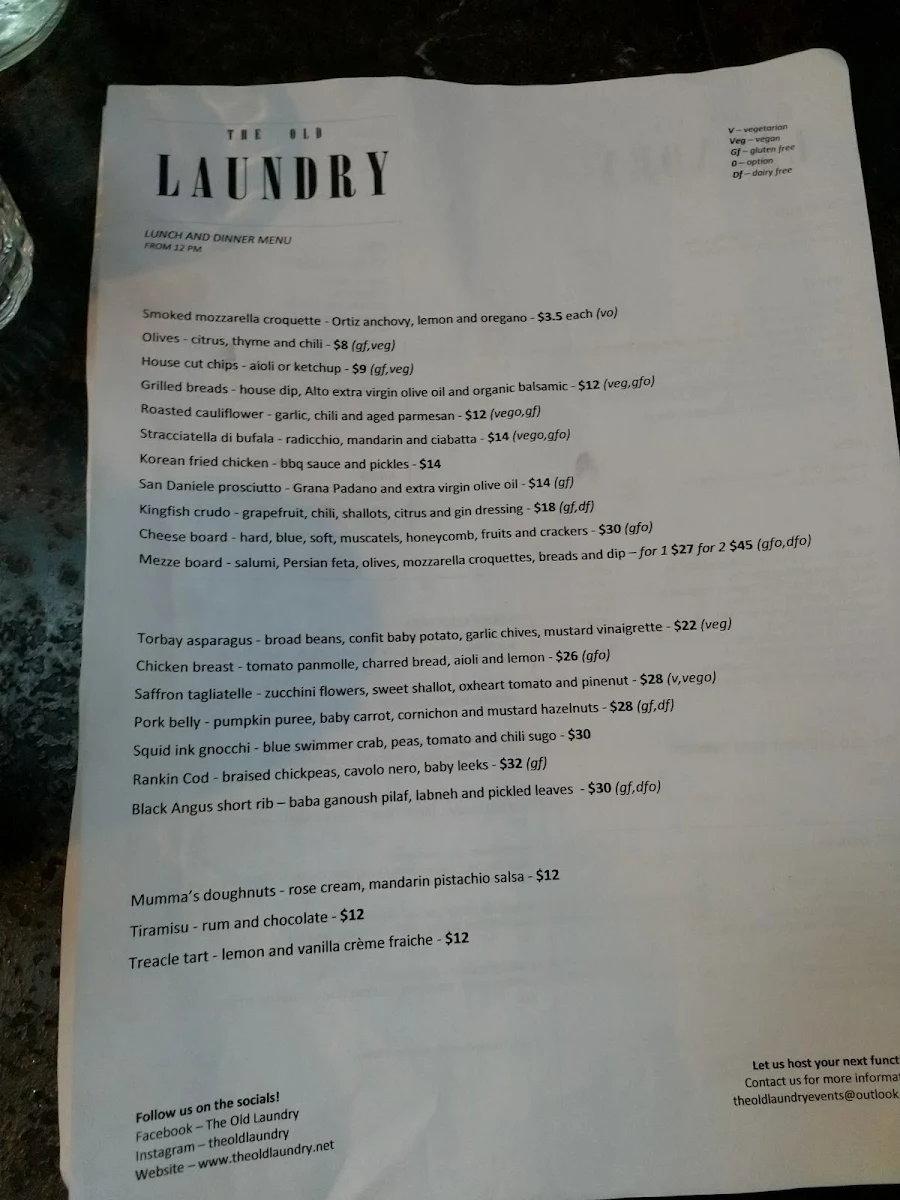 Menu, The Old Laundry Bar & Kitchen