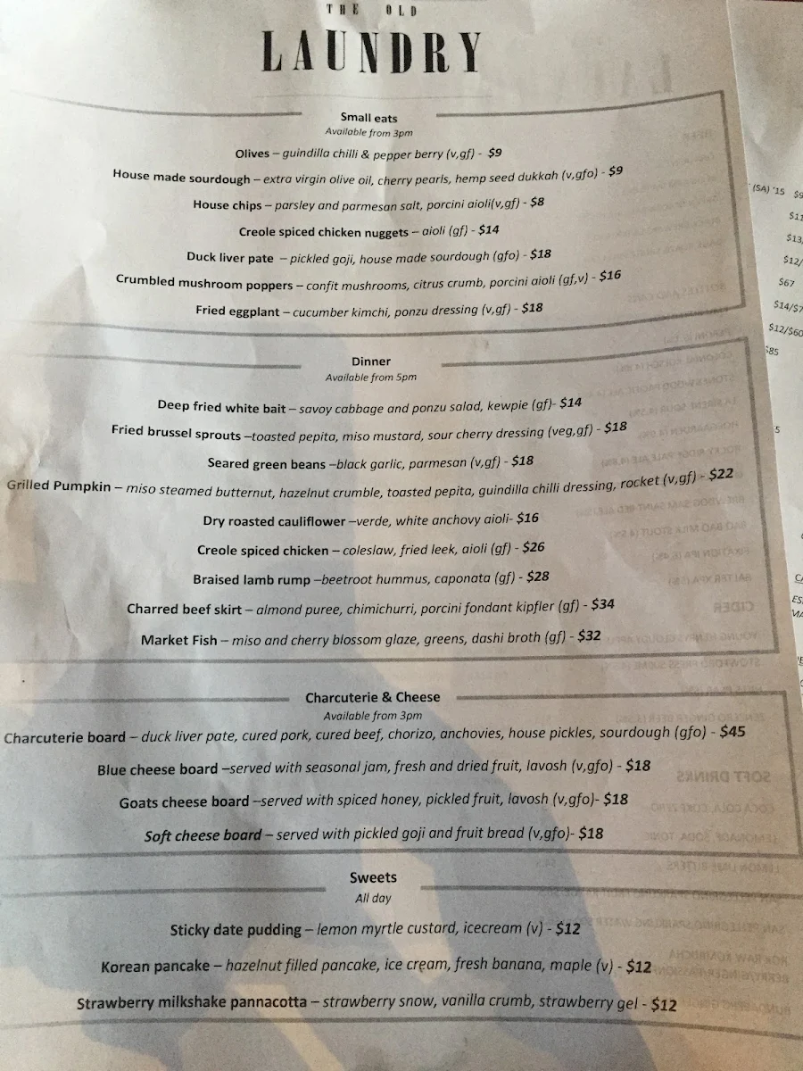 Menu, The Old Laundry Bar & Kitchen
