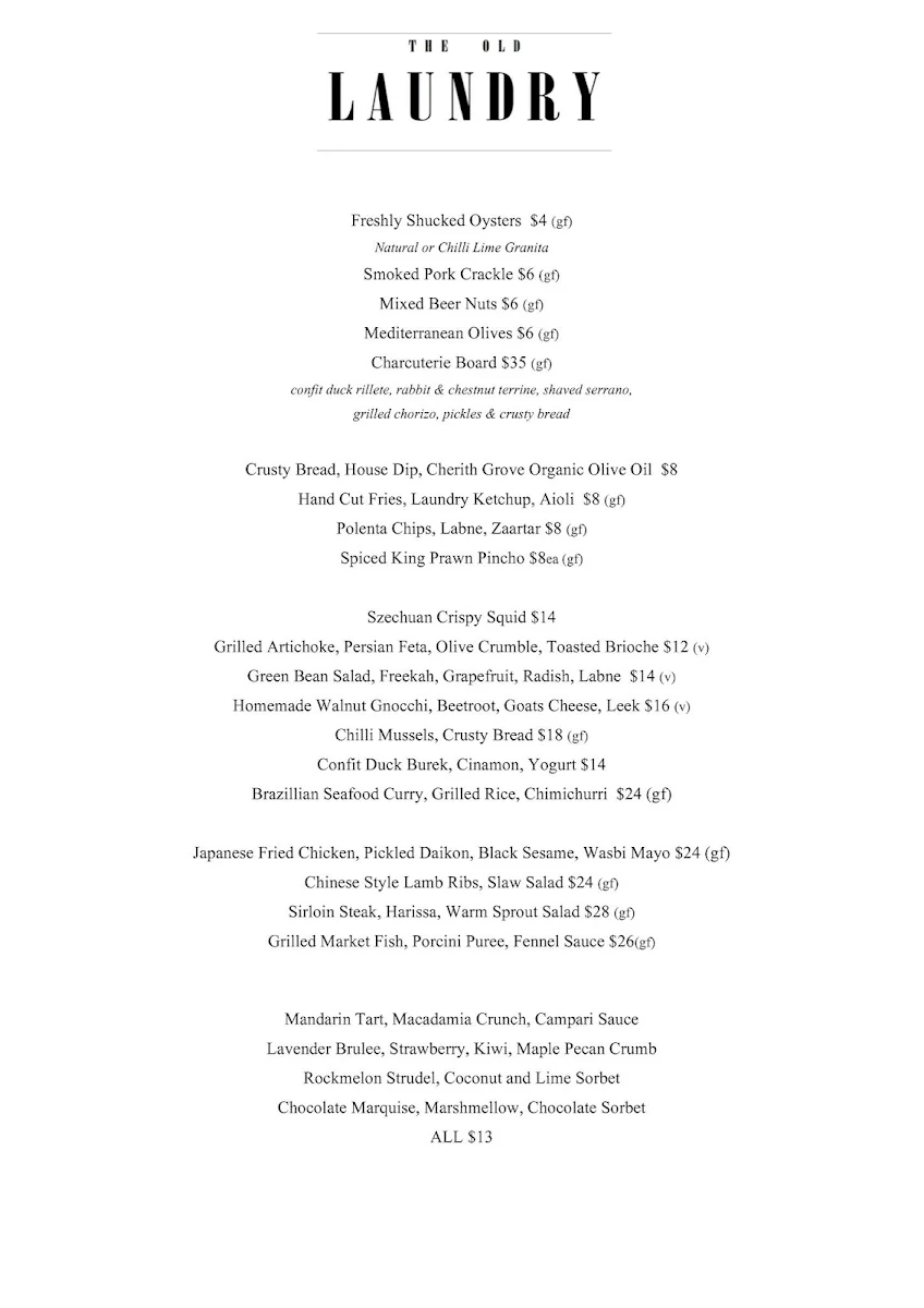 Menu, The Old Laundry Bar & Kitchen