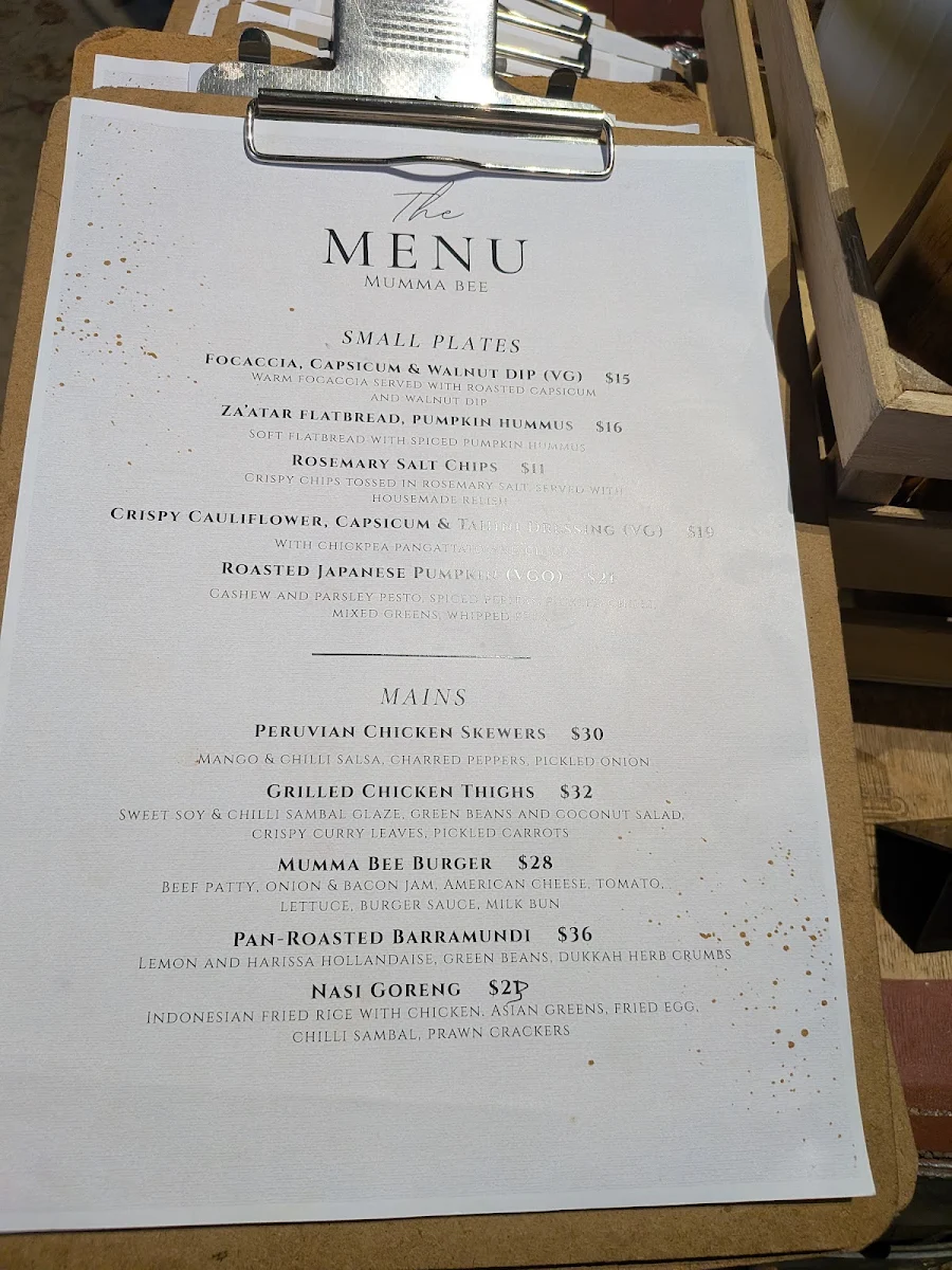 Menu, Mumma Bee Cafe